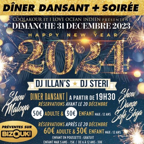 31 décembre 2023 Dîner dansant +  soirée avec Dj illan’s et Dj Steri – La salle La Fiesta .